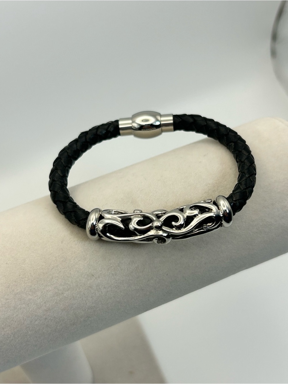 Black Braided Leather Bracelet Long Silver-tone Tube Charm Magnetic Closure 6.5"